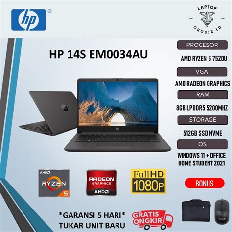 Jual Laptop HP 14 EM0034AU RYZEN 5 7520U 8GB 512SSD RADEON 610M W11 OHS