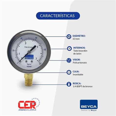 Manómetro 7 Kg 63mm Rosca 1 4 Inferior Beyca Hermetico en venta en