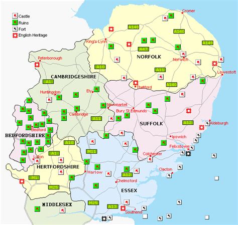 Norfolk Suffolk Essex Cambridgeshire And Bedfordshire Castles And Forts