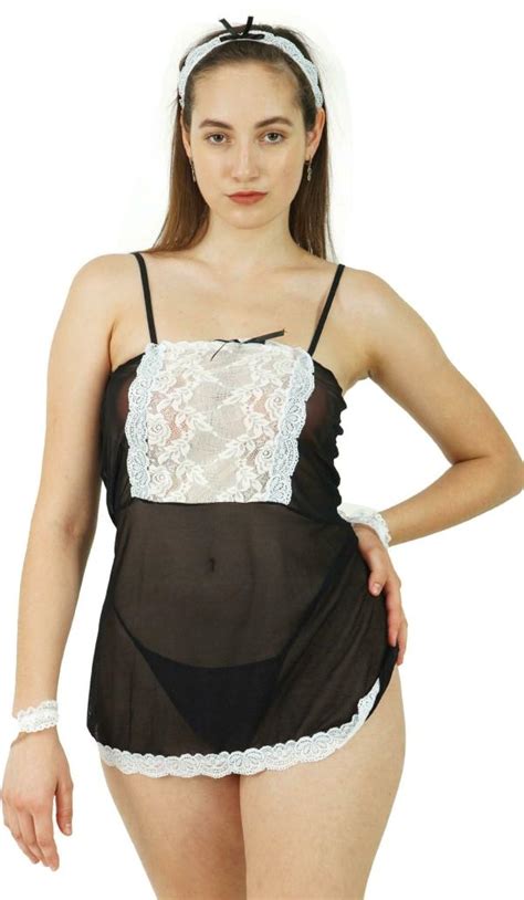 SSoShHub Women Black White Self Design Satin Blend Baby Doll Lingerie