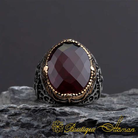 Red Zircon Classic Silver Men Ring Boutique Ottoman Exclusive