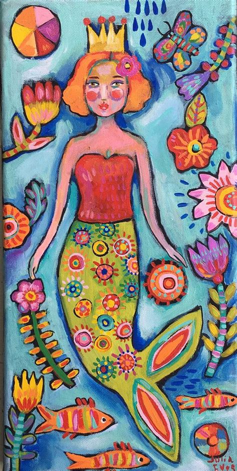 Folk Art Mermaid Painting On Canvas Etsy Mermaid Painting Canvas