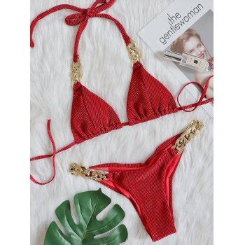 Emmiol Free Shipping Metal Chain Halter Bikini Set Red L In Bikini