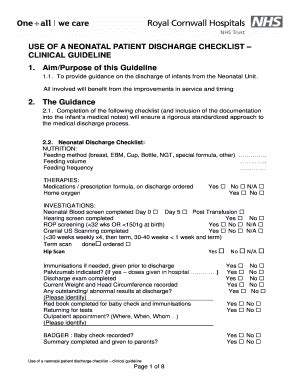 Fillable Online Rcht Nhs Discharge Checklist For The Use With Neonatal