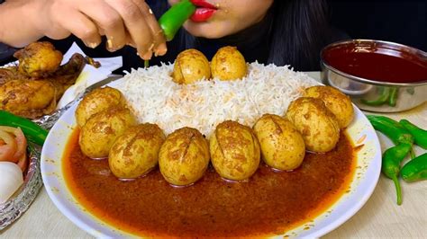 Asmr Eating Spicy Egg Curry With Rice Chicken Leg Piece Egg Curry