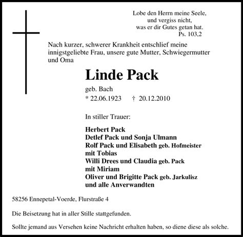 Traueranzeigen Von Linde Pack Trauer In NRW De