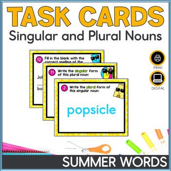 Singular And Plural Noun Task Cards Summer Words By Creatively