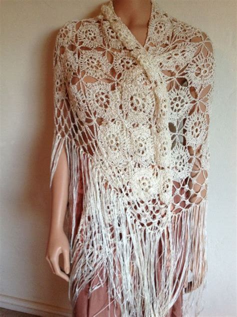 70s White Crochet Heavy Knit Fringe Shawl With By Shoplvintage 24 00 Edwardian Tea Dress