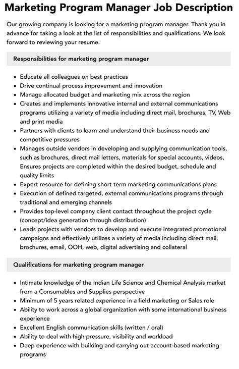 Marketing Program Manager Job Description Velvet Jobs