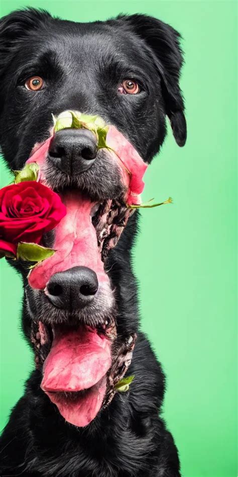 Black Dog Holding Rose In His Mouth Bright Green Stable Diffusion