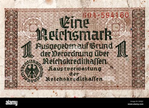 1 Reichsmark 1938-1945 banknote front side macro against white ...