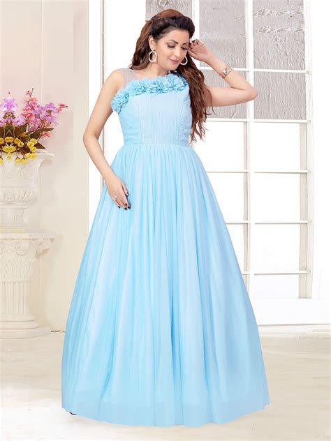 Stunning Sky Blue One Side Off Shoulder Party Gown For Women Suvidha Fashion