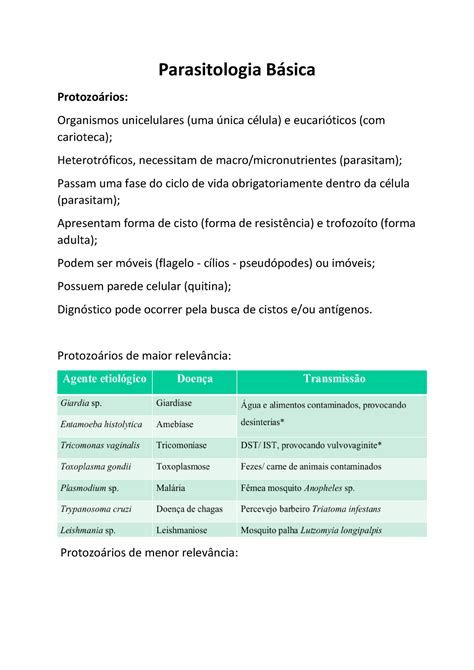 Documento 8 revisão Parasitologia Básica Protozoários Organismos