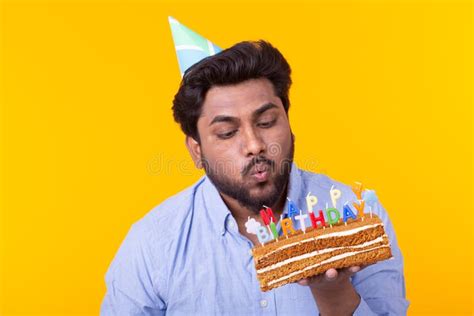 Funny Positive Guy Holds in His Hands a Homemade Cake with the Inscription Happy Birthday Posing ...