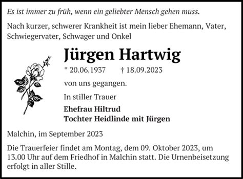 Traueranzeigen von Jürgen Hartwig Trauer Nordkurier