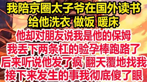 我陪京圈太子爷在国外读书，给他洗衣、做饭、暖床，他却对朋友说我是他的保姆，我丢下两条杠的验孕棒跑路了，后来听说他发了疯 翻天覆地找我，接下来