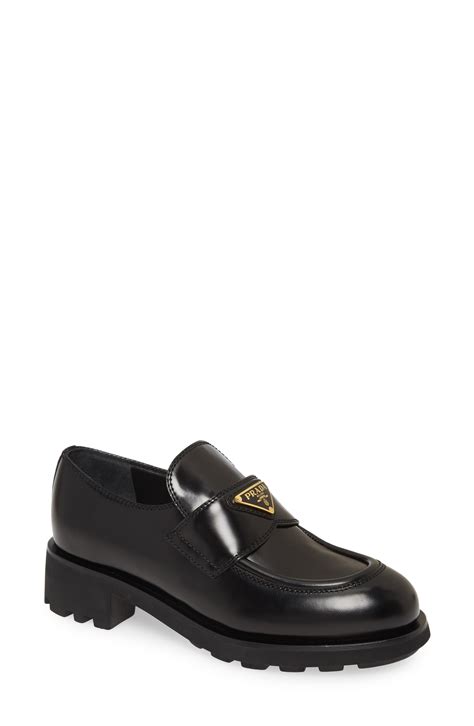 Prada Logo Block Heel Penny Loafer In Black Lyst