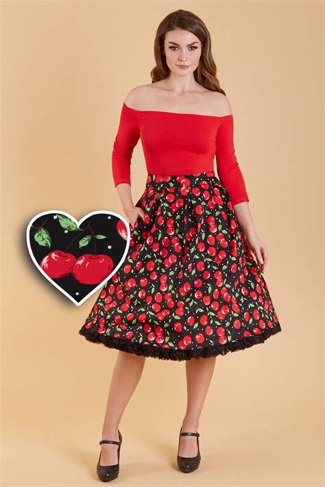 Carolyn Retro Swing Skirt In Black Red Cherry Print Dolly And Dotty