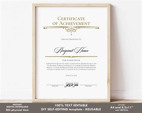 Editable Achievement Certificate Template Printable Achievement Award