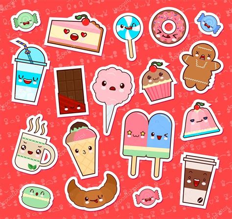 Set of cute kawaii food emoticon stickers. cupcake, ice-cream, donuts ...