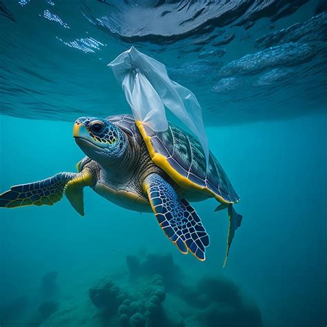 Premium Ai Image Sea Turtle Trapped In A Plastic Bag Stop Ocean