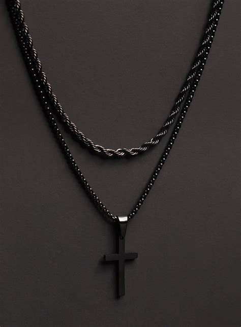 Necklace Set For Men Stainless Steel Black Rope Chain And Black Cross