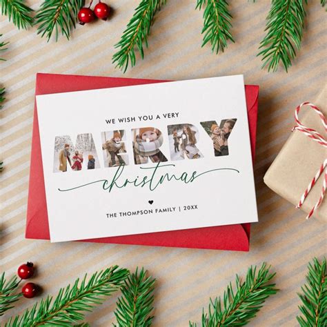 Elegant Green Merry Christmas Photo Collage Holiday Card Zazzle In