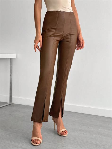 SHEIN Damen Hose Aus Kunstleder Mit Schlitz Und Nadeldetail Aktuelle