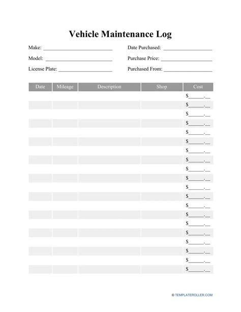 Printable Vehicle Maintenance Log