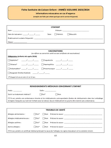 Remplissable En Ligne Fiche Sanitaire De Liaison Enfant Annee Fax