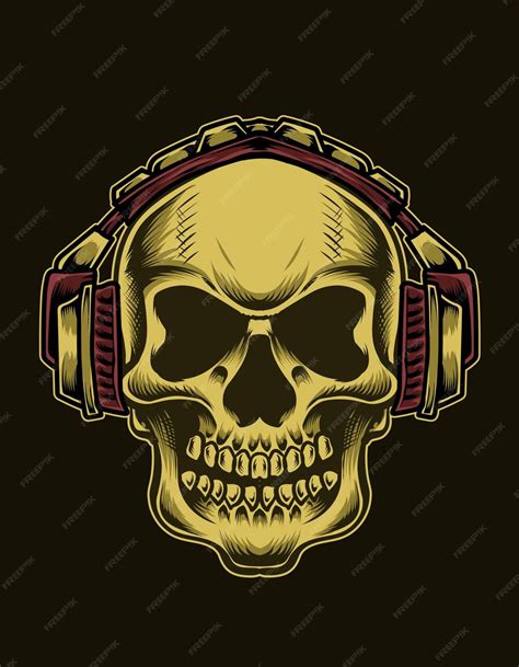 Ilustración De Cabeza De Calavera Con Auriculares Vector Premium