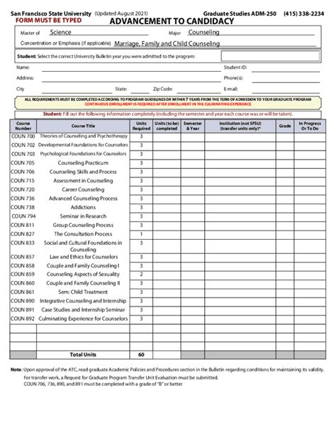 Fillable Online Grad Sfsu To The Department Of Counseling Information