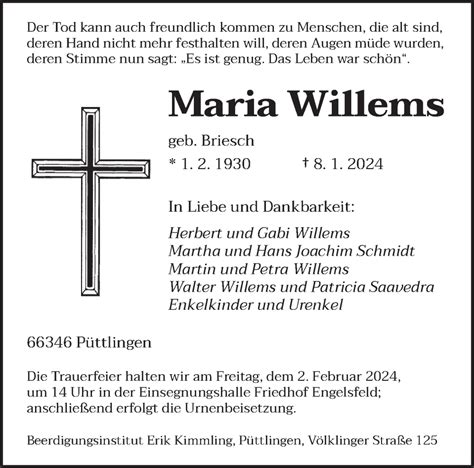 Traueranzeigen Von Maria Willems Saarbruecker Zeitung Trauer De