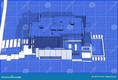 3d Renderen Van Modern Huis Met Zwarte Houten Gevel Op Blauwdruk