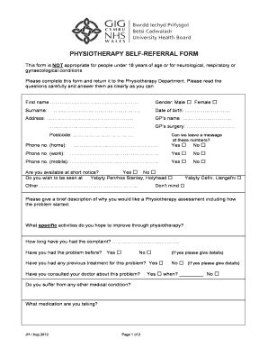 Fillable Online PHYSIOTHERAPY SELF REFERRAL FORM Fax Email Print