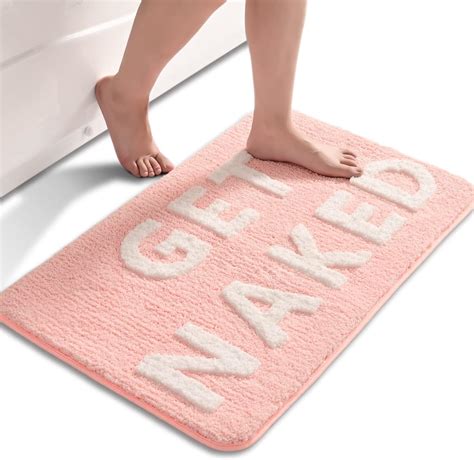 QJHOMO Get Naked Bath Mat Cute Pink And White Bathroom Rugs Funny Non