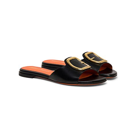 Santoni Black Leather Slide Sandal Black Woman Sandals