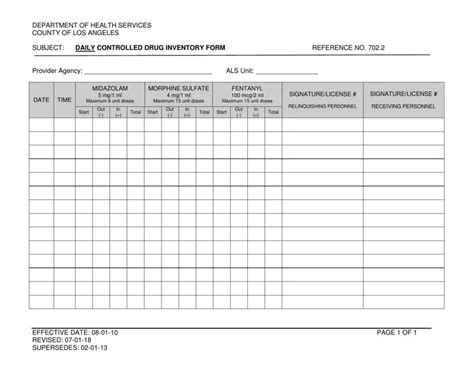 Printable Controlled Substance Inventory Log