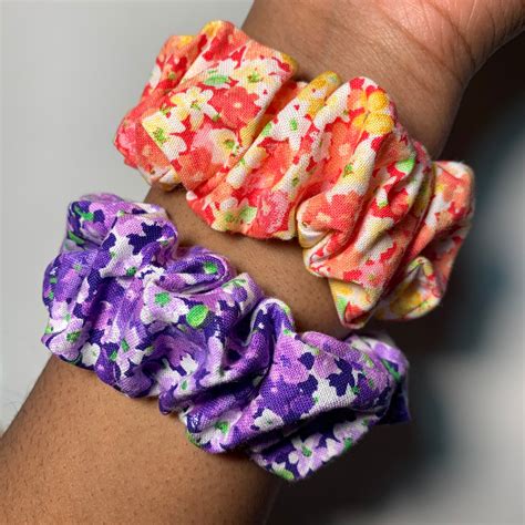 Scrunchie Bracelet Two Tone Floral Red Purple Natural Etsy