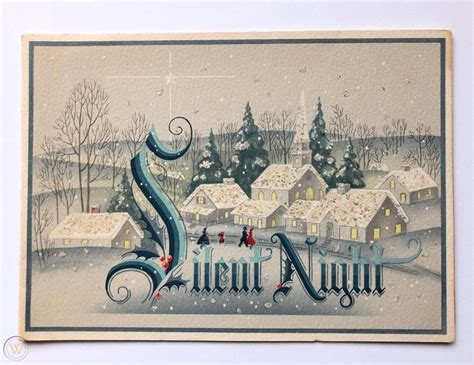 Vintage Christmas Card Silent Night Church Town House Tree Glitter Snow