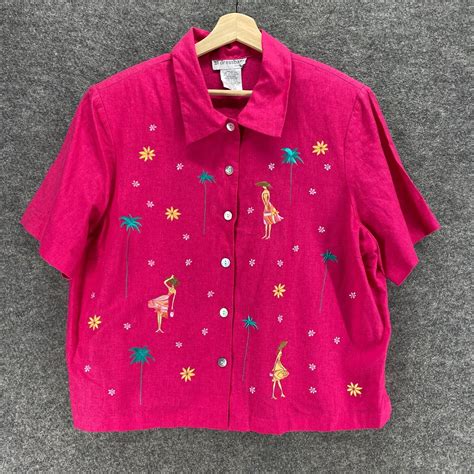 Dressbarn Shirt Women W Plus Pink Embroidered Button Up Collared