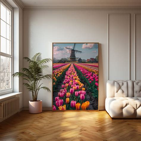 Dutch Windmill And Tulip Field Art Traditional Netherlands Landscape