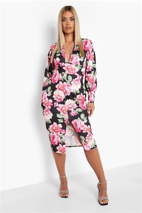 Plus Floral Plunge Tie Waist Midi Dress Boohoo