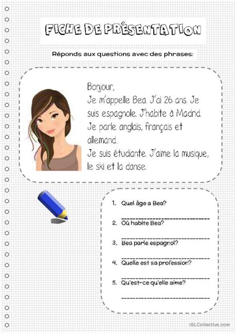 Fiche de présentation compréhension Français FLE fiches pedagogiques