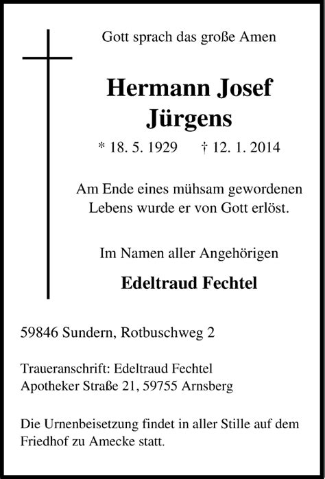 Traueranzeigen Von Hermann Josef J Rgens Trauer In Nrw De