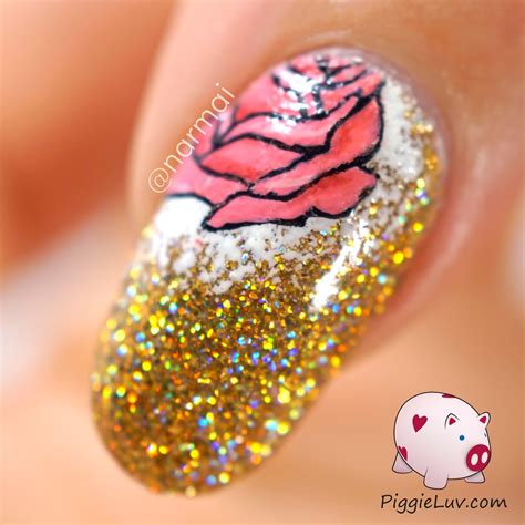 PiggieLuv: Gold glitter with pink roses nail art