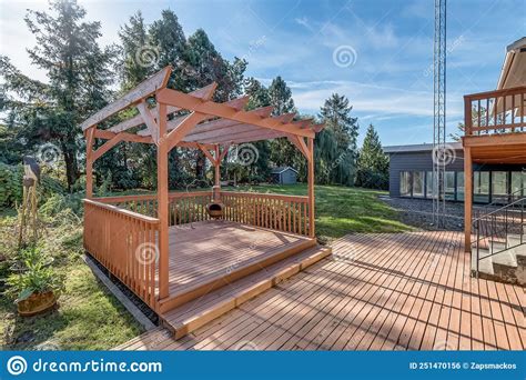 Backyard Wooden Deck Pergola Two Story Home In Summer Stock Photo