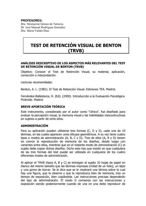 Práctica sobre el Test de Retención Visual de Benton TRVB Gómez