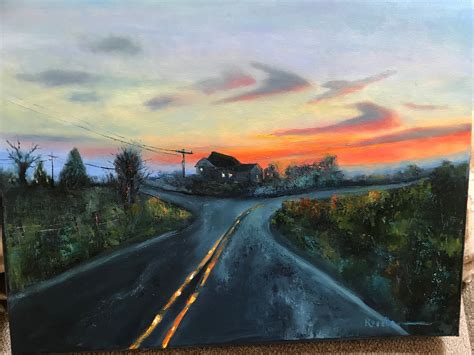 Sunset painting, choices, rural scene, road, street scene nocturne,