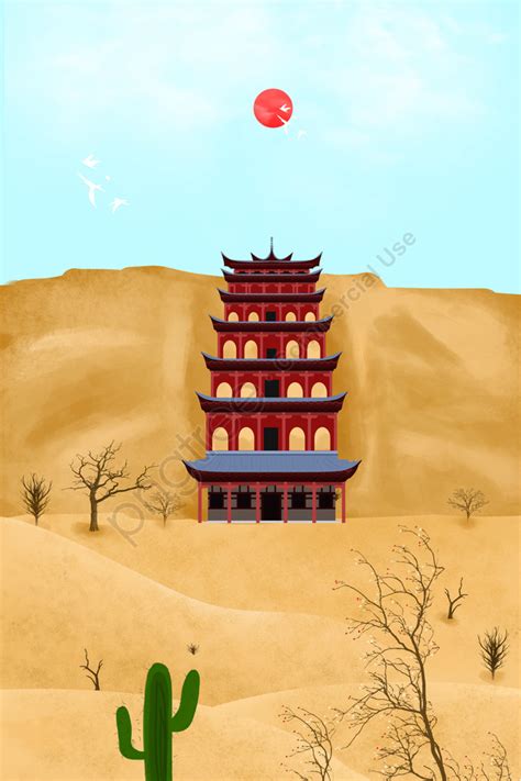 Landmark Illustration Mogao Grottoes Hand Painted, Scenes, Building, Desert Illustration ...